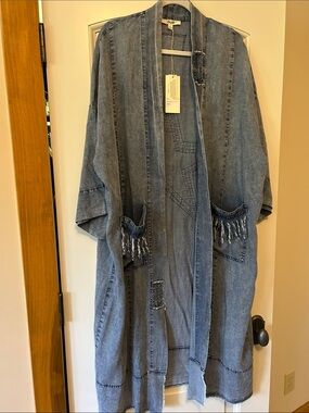 Blue Velvet Relaxed Open-Front Denim Duster Jacket - Blue